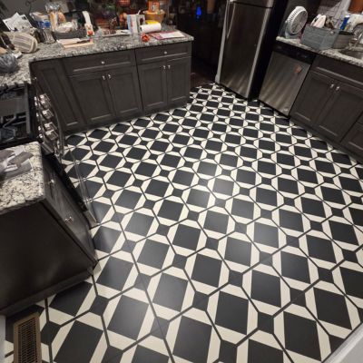 LVT patterned black and white floors in a Bethlehem kitchen